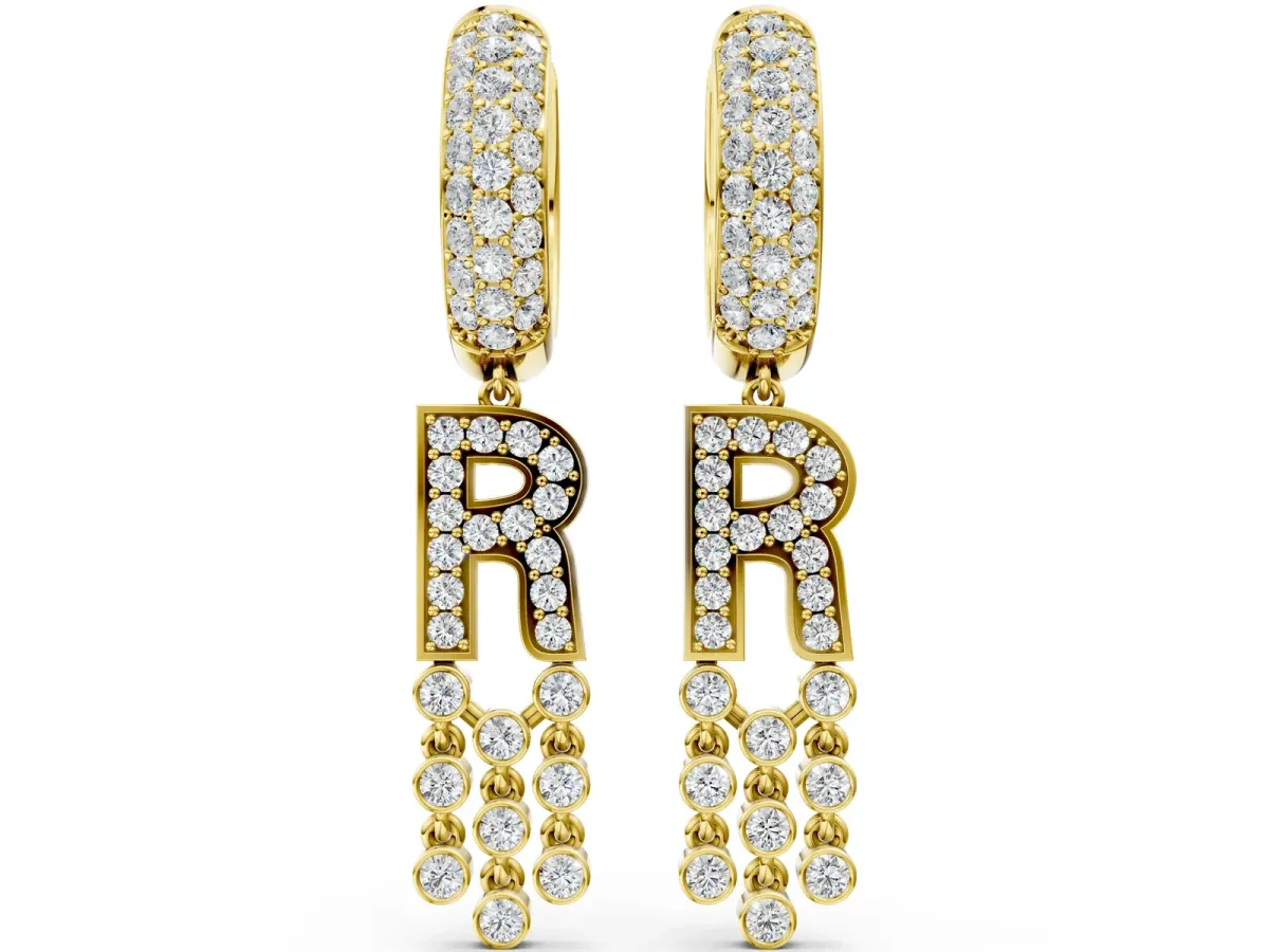 Round Diamond Initial R Huggie Hoop Earrings Yellow gold