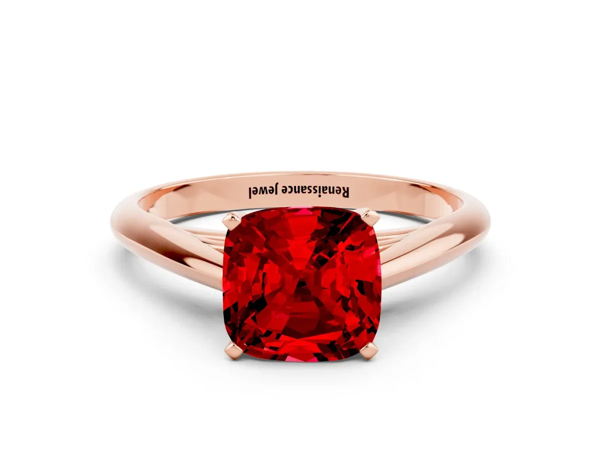 Cushion Cut Ruby Solitaire Engagement Ring with Cathedral Setting and Four-Prong Mount Rose gold