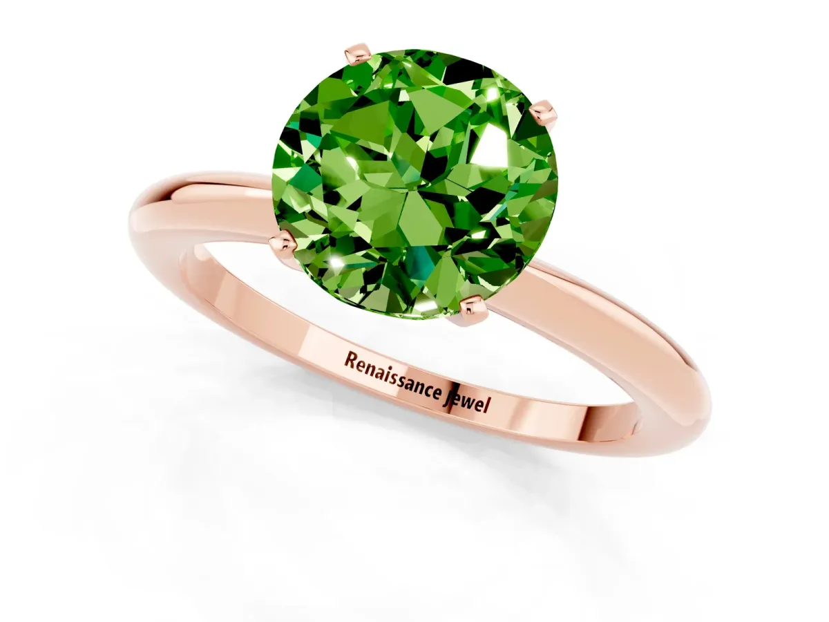 Round Cut Peridot Solitaire Ring with Six-Prong Setting and Classic Band Rose gold