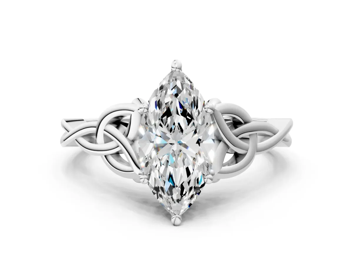 Marquise Cut Diamond Solitaire Engagement Ring with Celtic Knot Band and Four-Prong Setting Silver