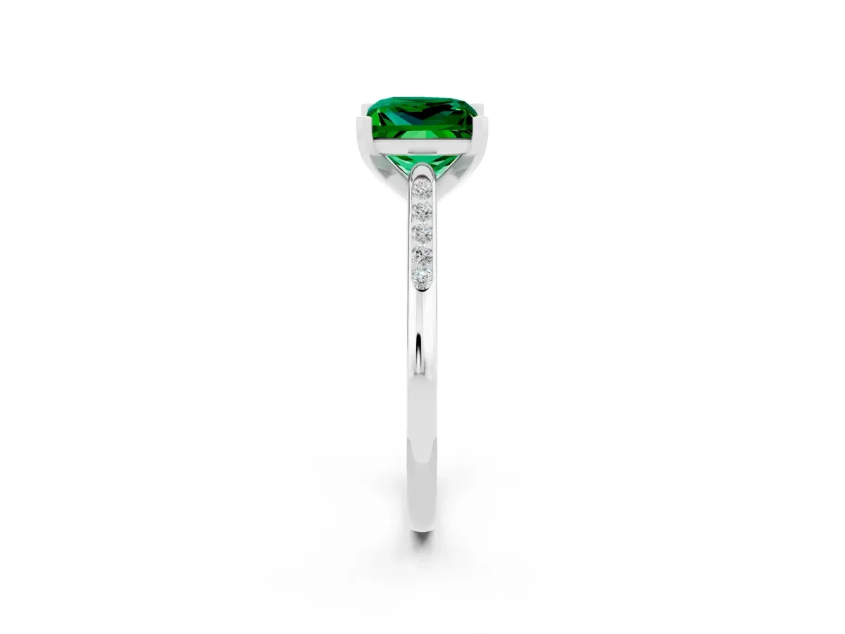 Princess Cut Emerald Solitaire Ring with Channel Set Round Band and Prong Setting Silver