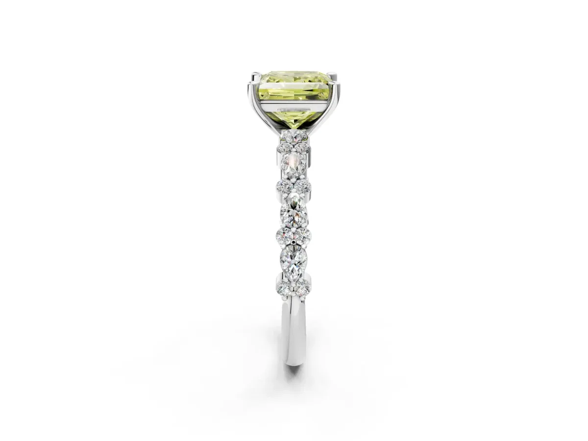 Fancy Yellow Princess Cut Diamond Side Stone Solitaire Ring with Round and Four-Prong Setting Platinum