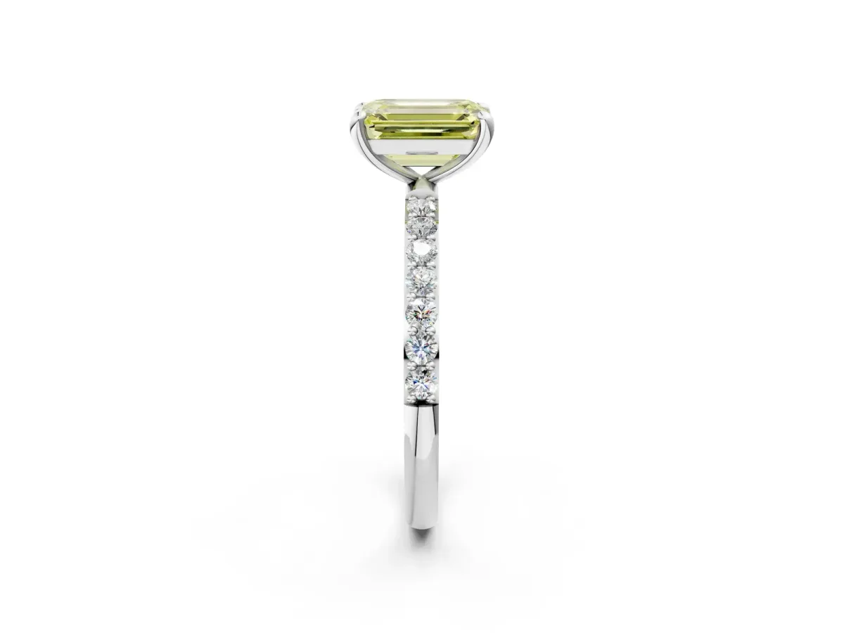 Fancy Yellow Emerald Cut Diamond Solitaire Ring with Round Pavé Band and Prong Setting Silver