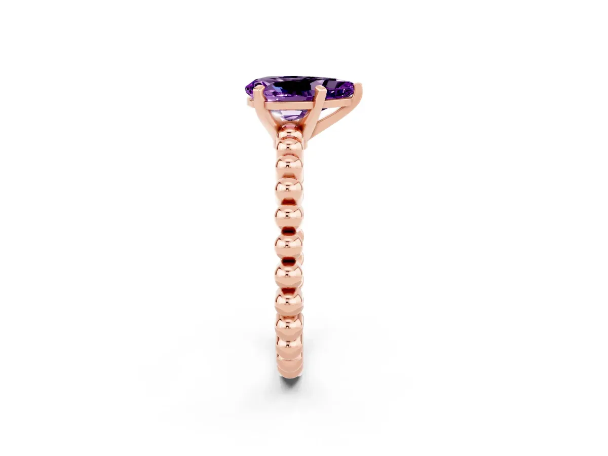 Pear Cut Amethyst Solitaire Ring with Beaded Band and Prong Setting Rose gold