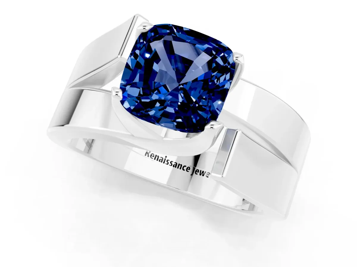 Modern Tension Set Cushion Cut Blue Sapphire Solitaire Wide Band Ring Silver