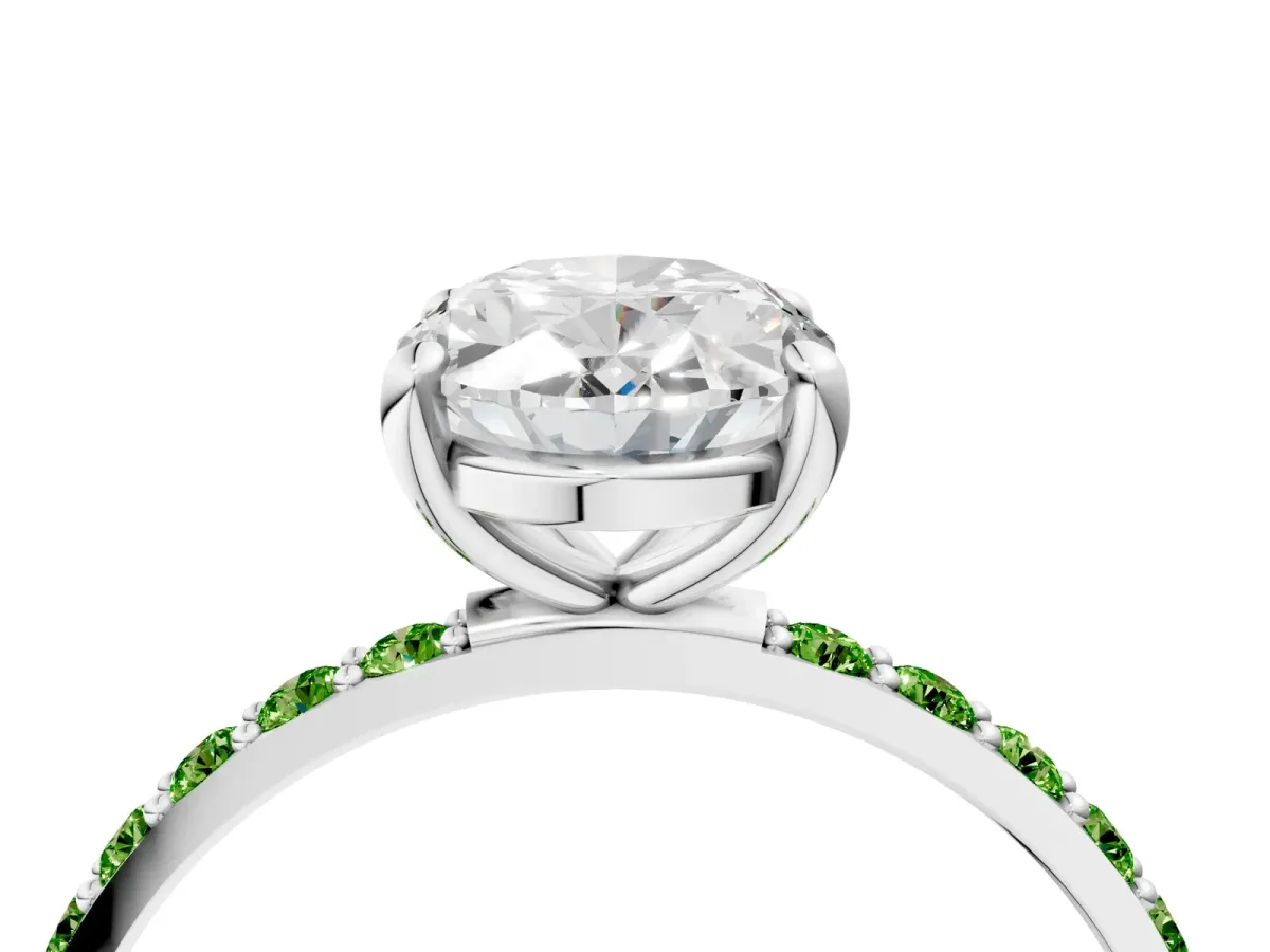 Oval Cut Diamond Solitaire Ring with Round Peridot Pavé Band and Prong Setting Silver
