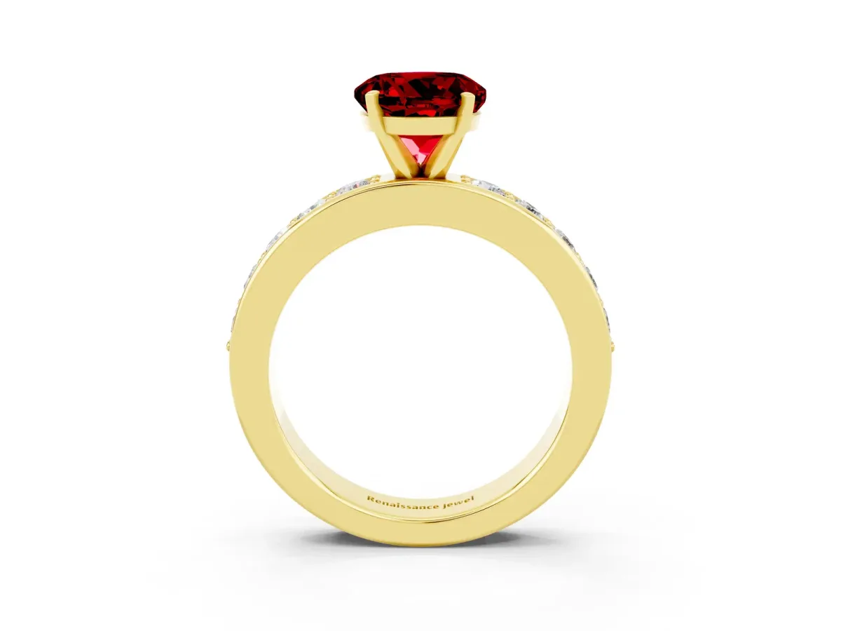Round Cut Ruby Engagement Ring with Channel Set Round Band and Prong Setting Yellow gold