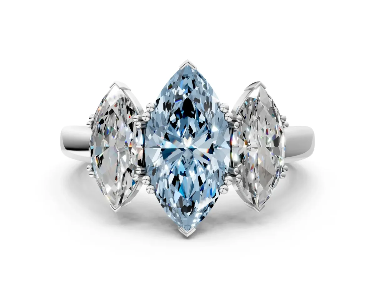 Fancy Blue Three-Stone Marquise Cut Cut Diamond Ring with Channel Set Band and Four-Prong Setting Platinum