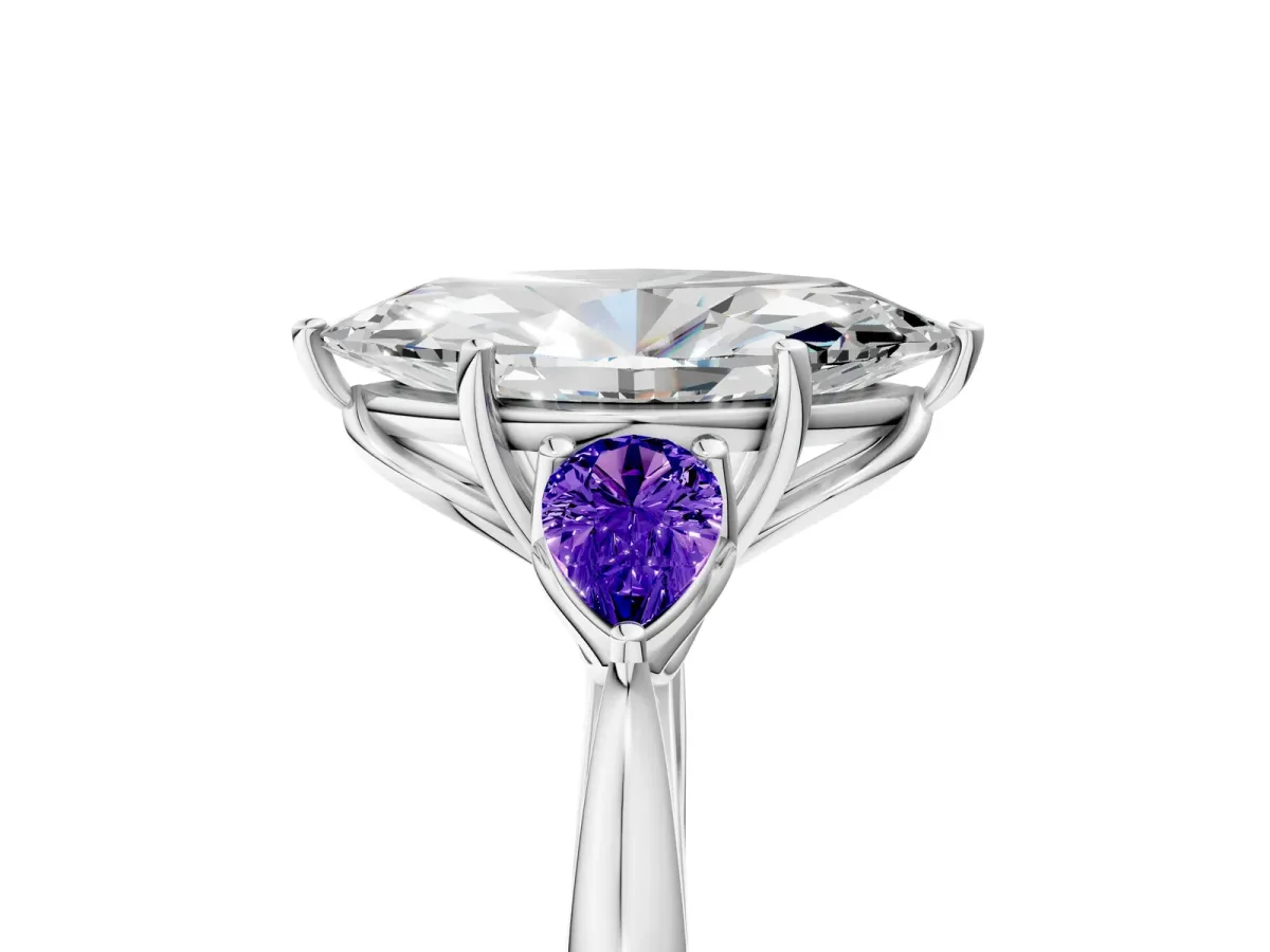 Marquise Cut Diamond Three-Stone Ring with Pear Tanzanite Side Stones and Prong Setting Silver