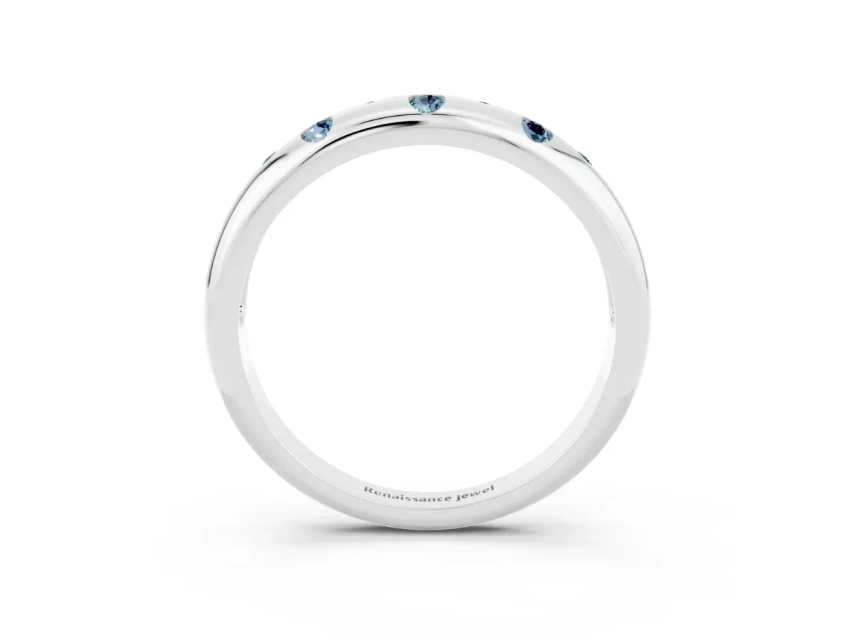 Round Aquamarine Flush-Set Comfort Fit Band Silver