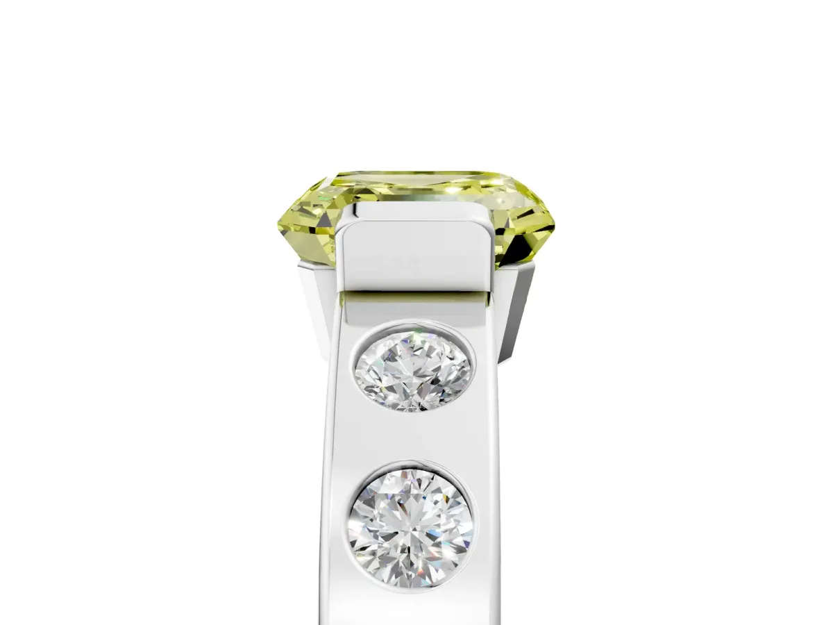 Fancy Yellow Asscher Cut Brilliant Channel-Set Diamond Ring with Bezel Prong Setting Platinum