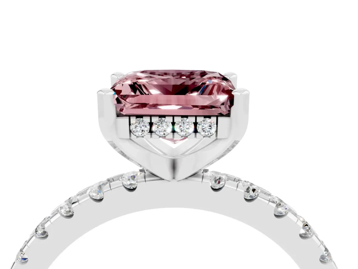 Princess Cut Morganite Solitaire Ring with Round Pavé Band and Four-Prong Setting Silver