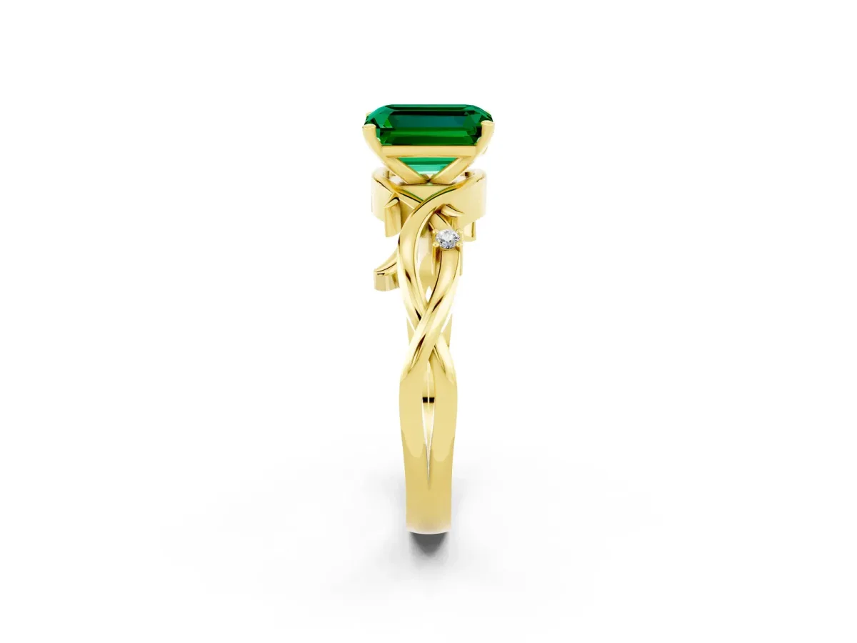 Emerald Cut Emerald Solitaire Ring with Twisted Band and Prong Setting Yellow gold