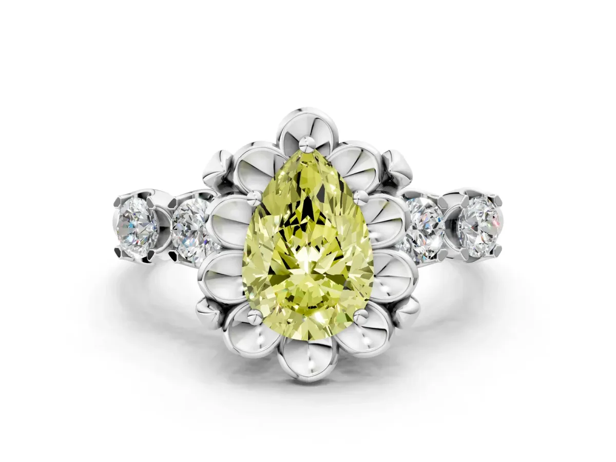 Fancy Yellow Pear Cut Cut Diamond Floral Halo Engagement Ring with Shared Prong Setting Silver