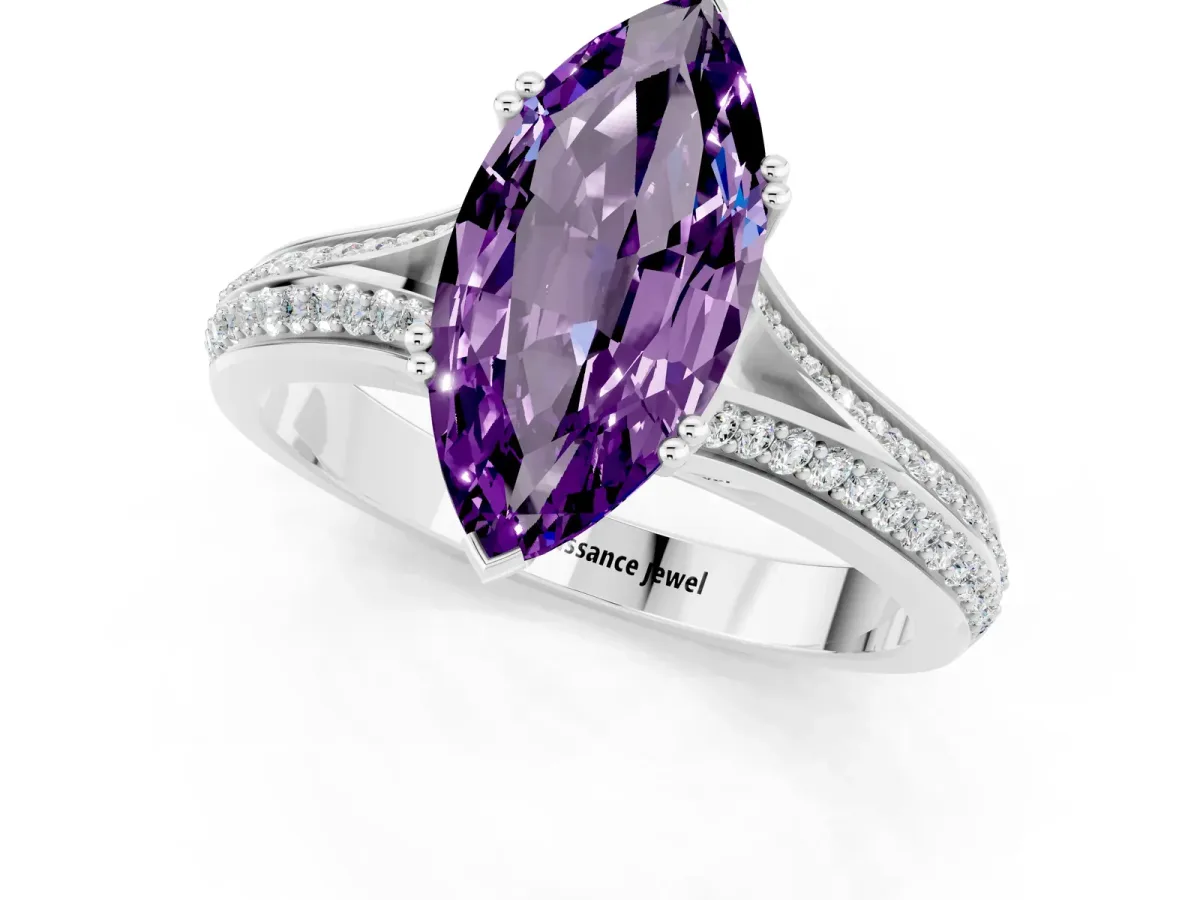 Marquise Cut Amethyst Split Shank Engagement Ring with Pavé Band White gold