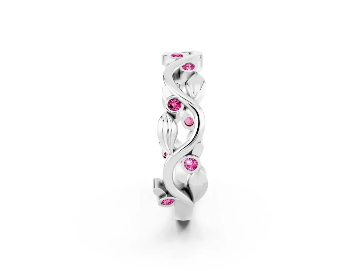Round Pink Sapphire Leaf Eternity Band with Bezel Setting White gold