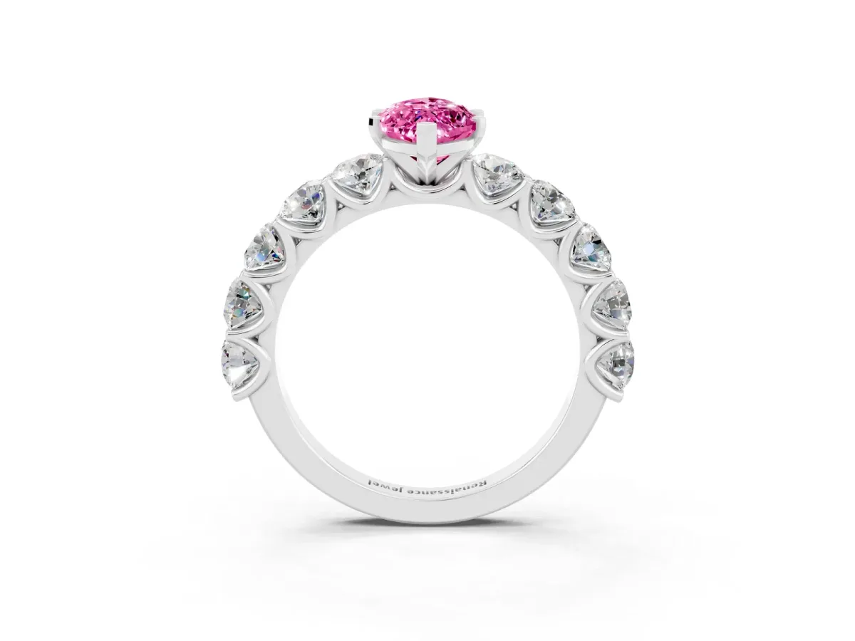 Marquise Cut Pink Sapphire Prong Setting with Side Stones on a Pave Band Silver