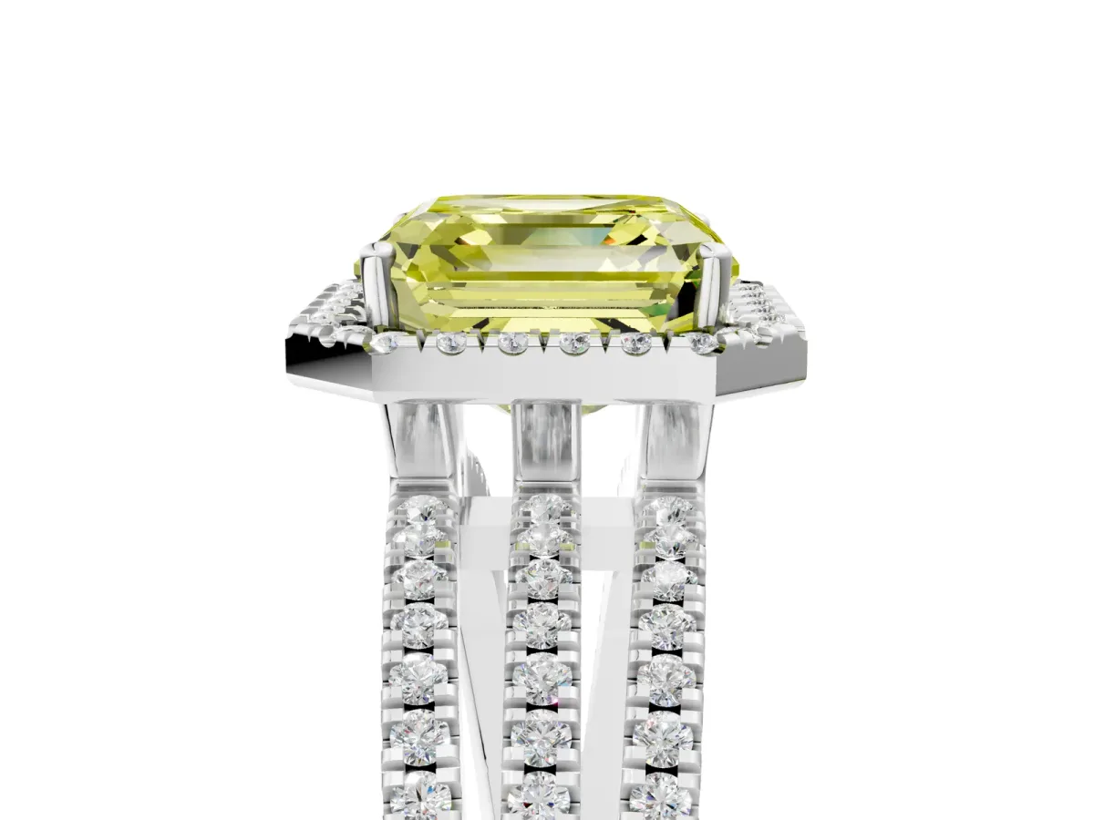 Fancy Yellow Asscher Cut Diamond Halo Engagement Ring with Split Shank and Four-Prong Setting Platinum