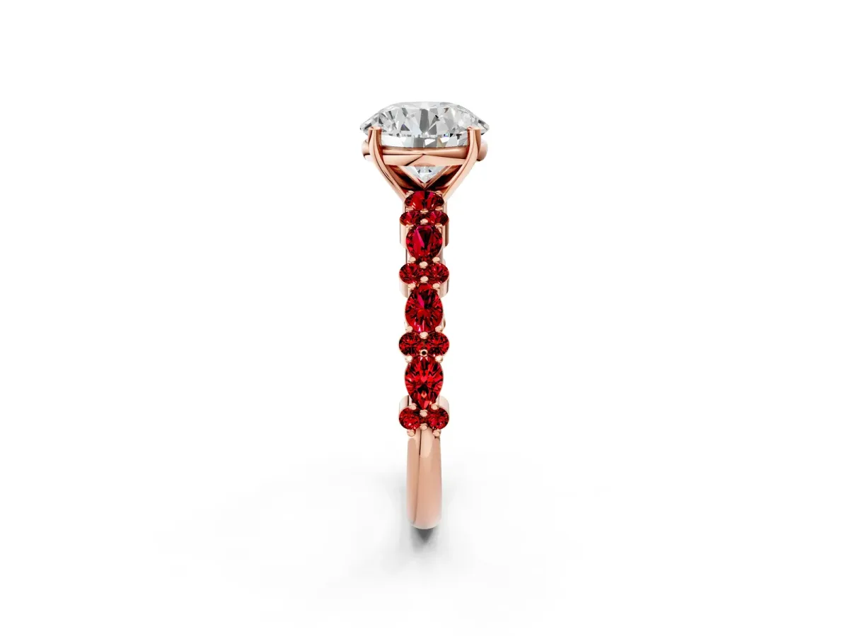 Round Cut Diamond Side Stone Solitaire Ring with Round Ruby and Four-Prong Setting Rose gold