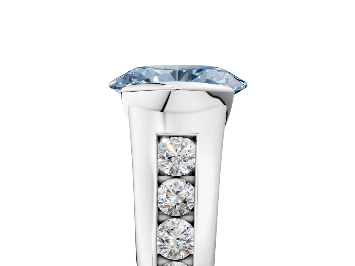 Fancy Blue Oval Cut Solitaire Bezel-Set Diamond Ring with Channel-Set Band Platinum