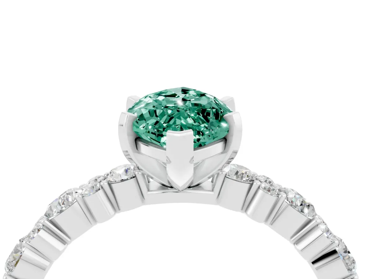 Marquise Cut Green Sapphire Side Stone Solitaire Ring with Round and Four-Prong Setting Platinum