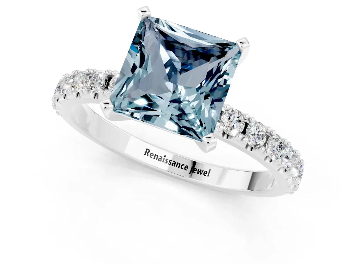 Princess Cut Aquamarine Solitaire Pavé Band with Four-Prong Setting Silver