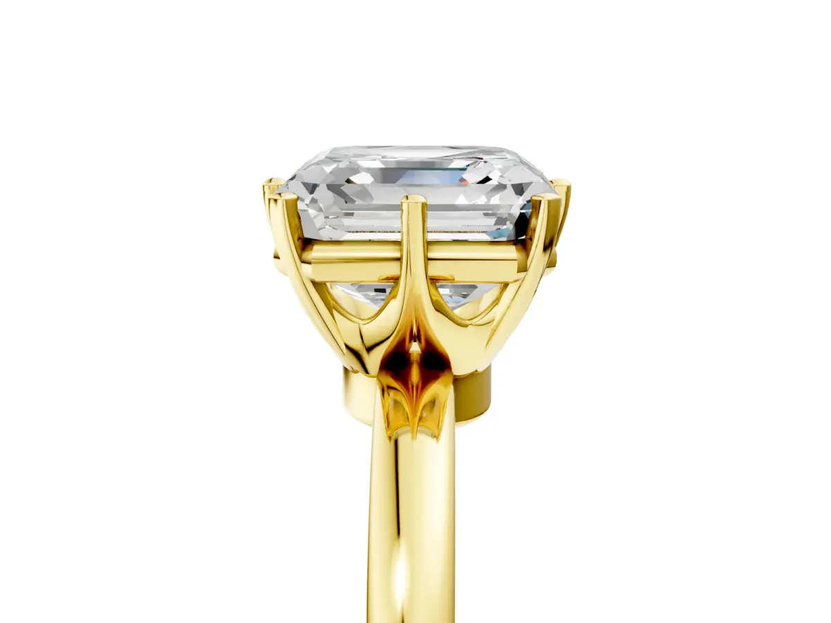 Asscher Cut Solitaire Diamond Ring with Six-Prong Setting on a Classic Band Yellow gold