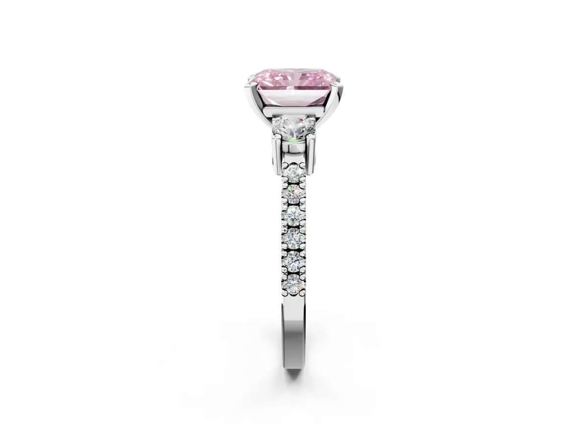 Fancy Pink Radiant Cut Cut Three-Stone Diamond Pavé Band with Prong Setting Platinum