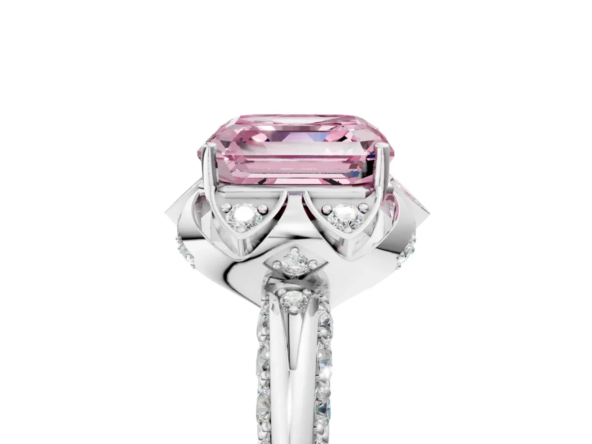 Fancy Pink Asscher Cut Halo Split Shank Pave Diamond Ring with Petal Prong Setting Platinum