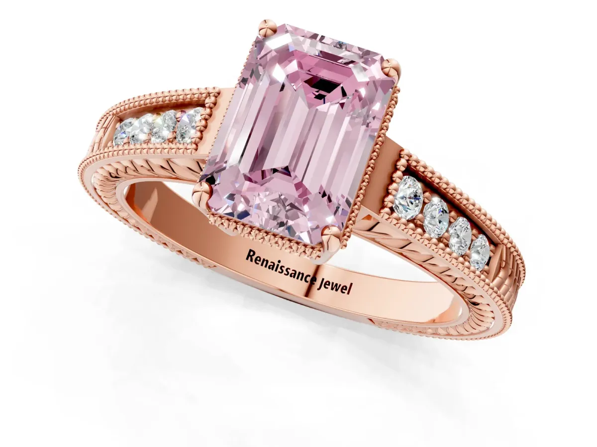 Fancy Pink Emerald Cut Cut Diamond Milgrain Pave Band Four-Prong Setting Ring Rose gold