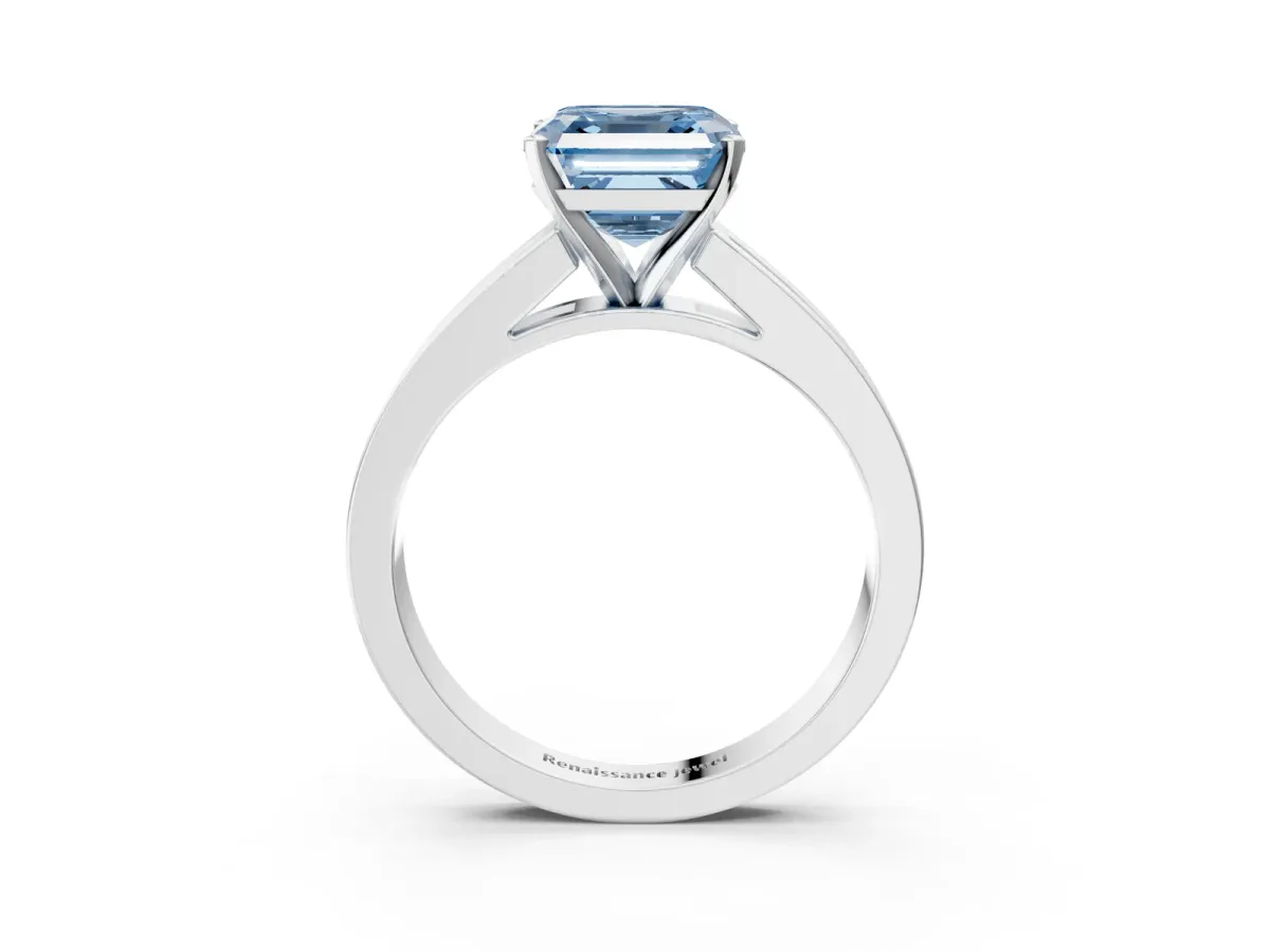 Fancy Blue Asscher Cut Solitaire Diamond Ring with Channel-Set Band and Four-Prong Setting Platinum