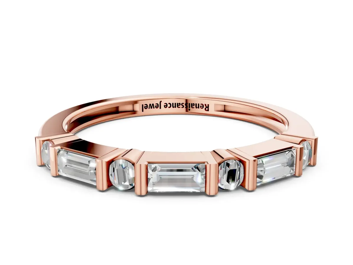 Baguette and Round Diamond Channel Set Half Eternity Band with Bar Prong Setting Rose gold