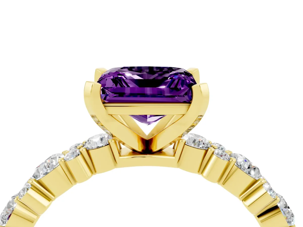Princess Cut Amethyst Side Stone Solitaire Ring with Round and Four-Prong Setting Yellow gold