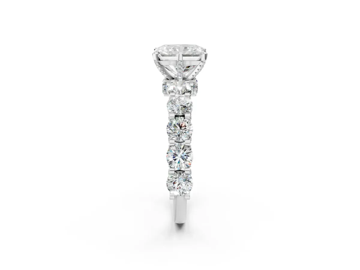Radiant Cut Diamond Side Stone Engagement Ring with Four-Prong Setting White gold