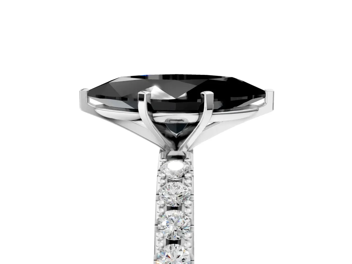 Fancy Black Marquise Cut Diamond Solitaire Pavé Band with Four-Prong Setting Silver
