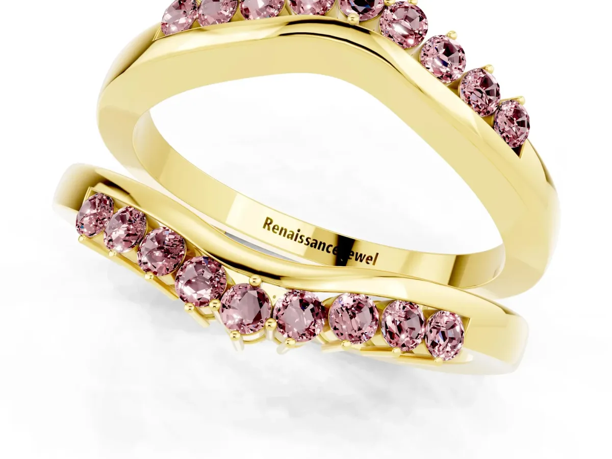 Round Morganite Chevron Contour Band with Prong Setting Yellow gold