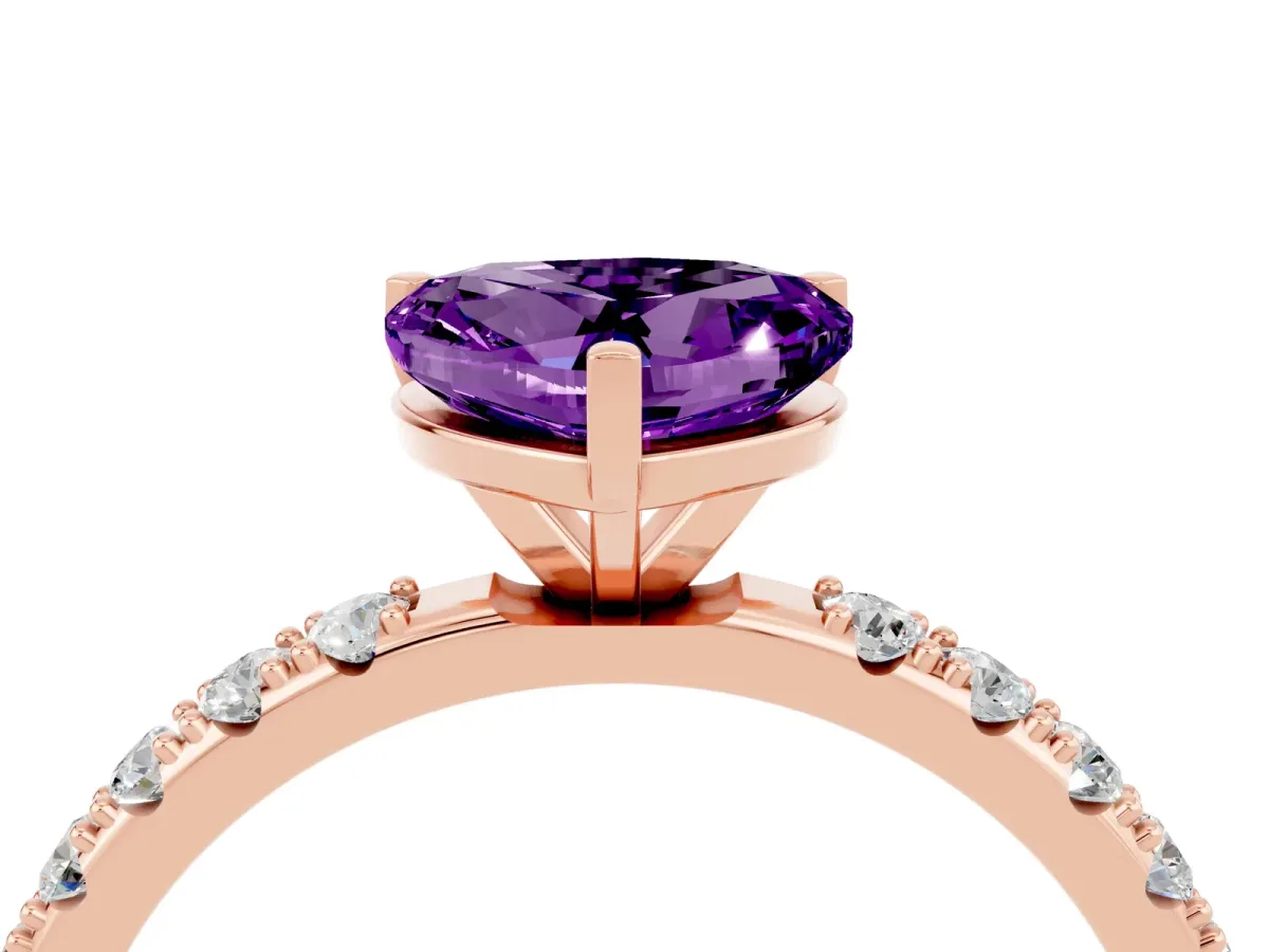 Heart Cut Amethyst Solitaire Pavé Band with Four-Prong Setting Rose gold