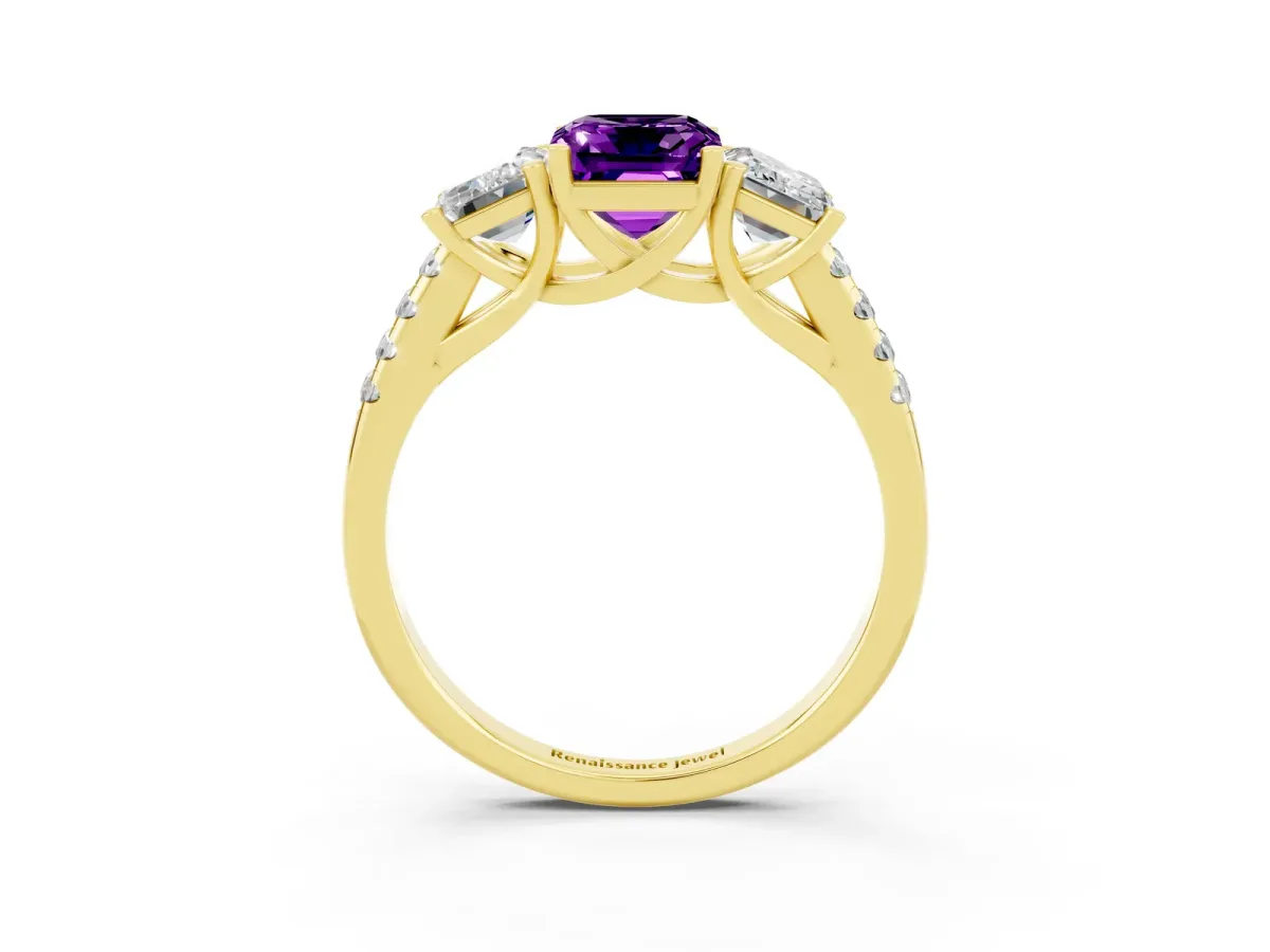 Three-Stone Emerald Cut Amethyst Ring with Round Pavé Band and Prong Setting Yellow gold