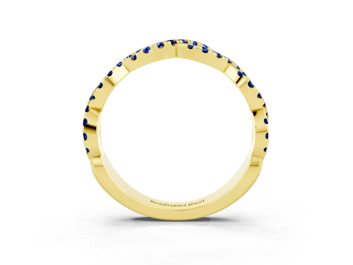 Round Blue Sapphire Twisted Eternity Band with Pavé and Shared Prong Setting Yellow gold