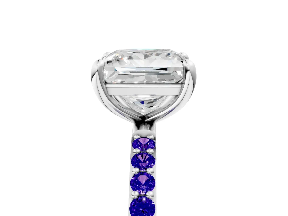 Princess Cut Diamond Solitaire Ring with Round Tanzanite Pavé Band and Prong Setting Silver