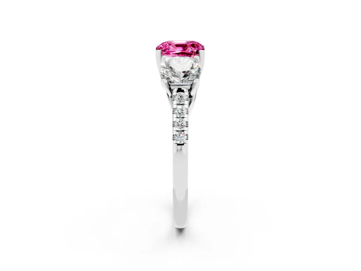 Three-Stone Cushion Cut Pink Sapphire Ring with Round Pavé Band and Prong Setting Silver