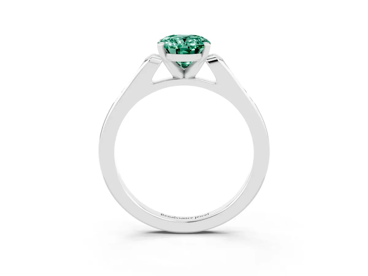 Oval Cut Green Sapphire Solitaire Ring with Channel Set Round Band and Prong Setting Silver