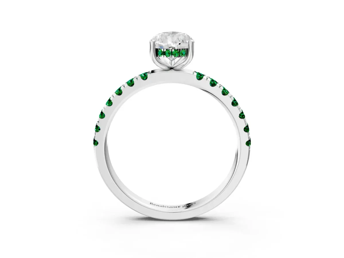 Pear Cut Diamond Pave Band Solitaire Ring with Round Emerald and Prong Setting Platinum