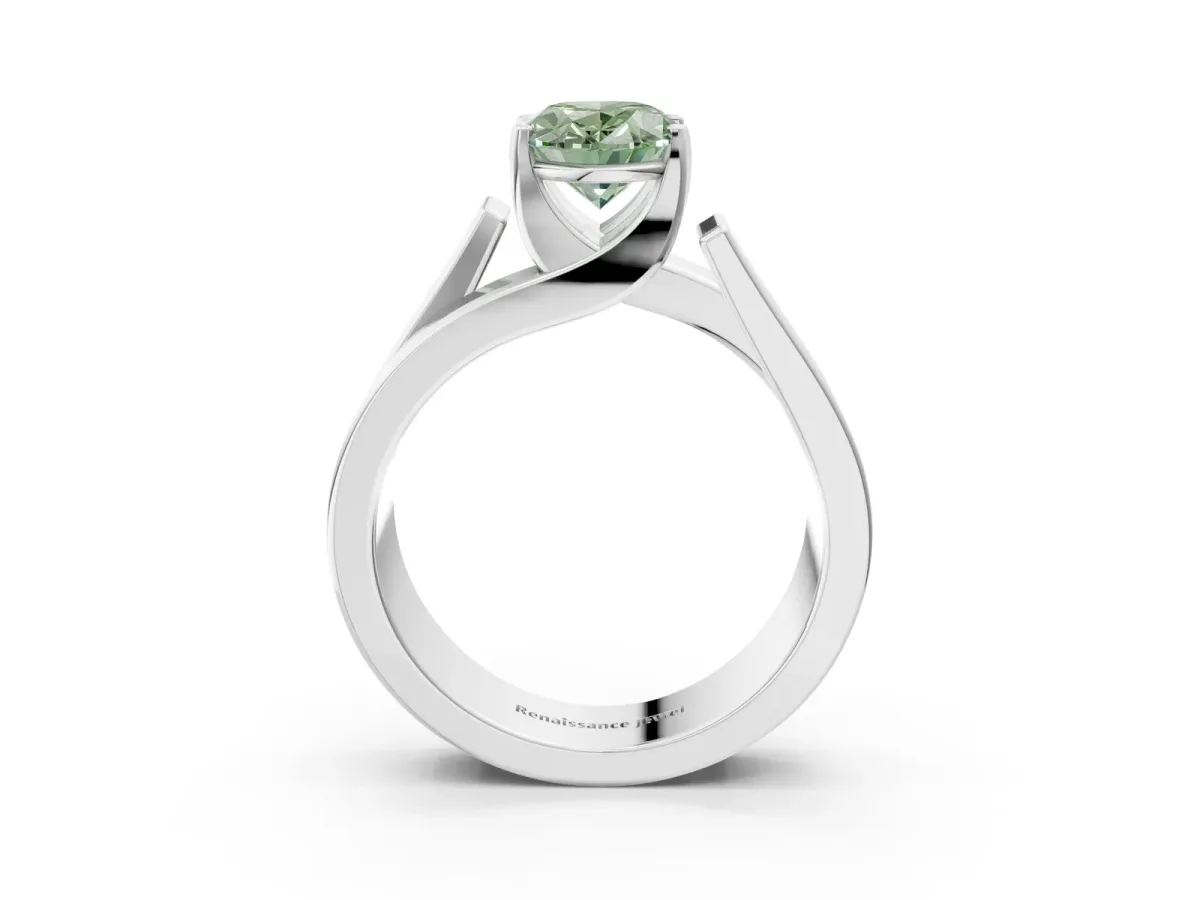 Fancy Green Modern Tension Set Oval Cut Diamond Solitaire Wide Band Ring Silver