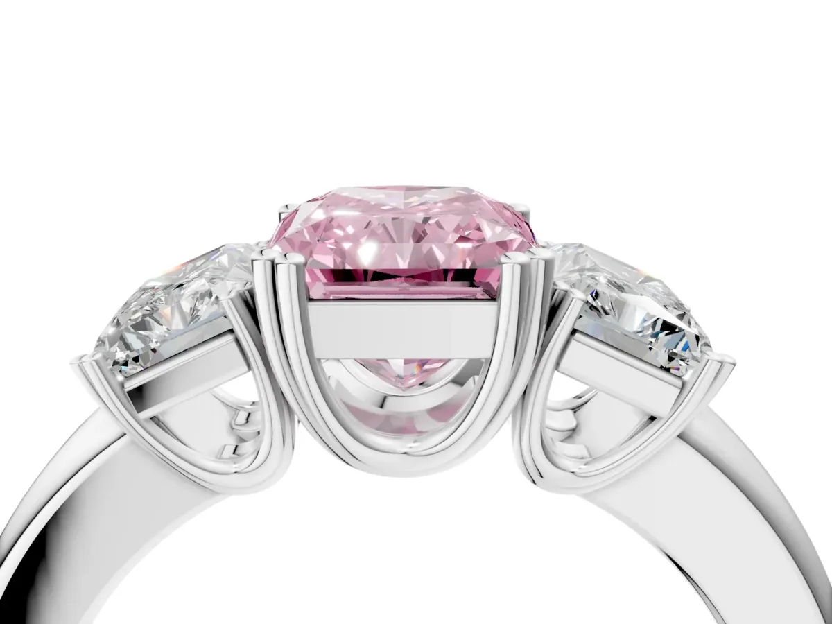 Fancy Pink Three-Stone Radiant Cut Cut Diamond Ring with Channel Set Band and Four-Prong Setting Silver
