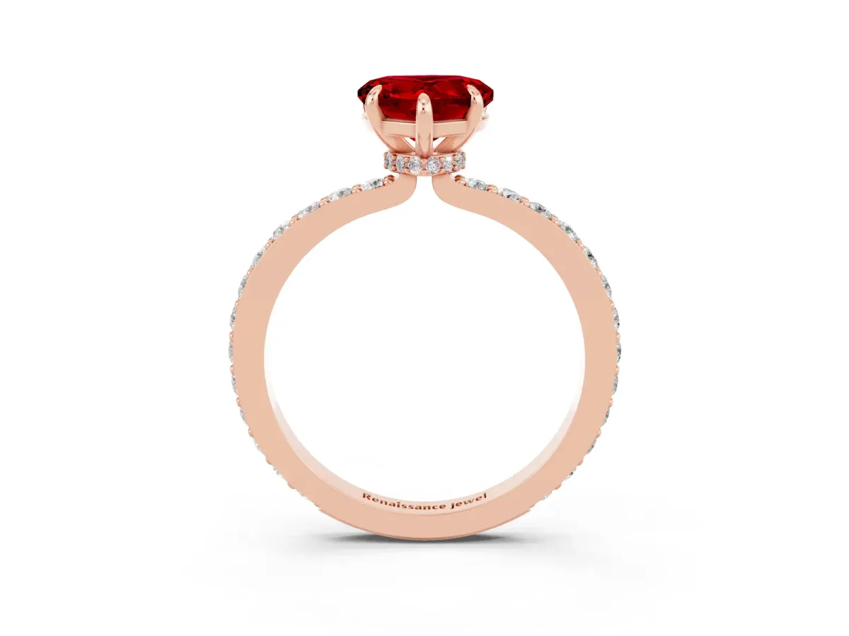 Heart Cut Ruby Solitaire Engagement Ring with Pavé Band and Four-Prong Setting Rose gold