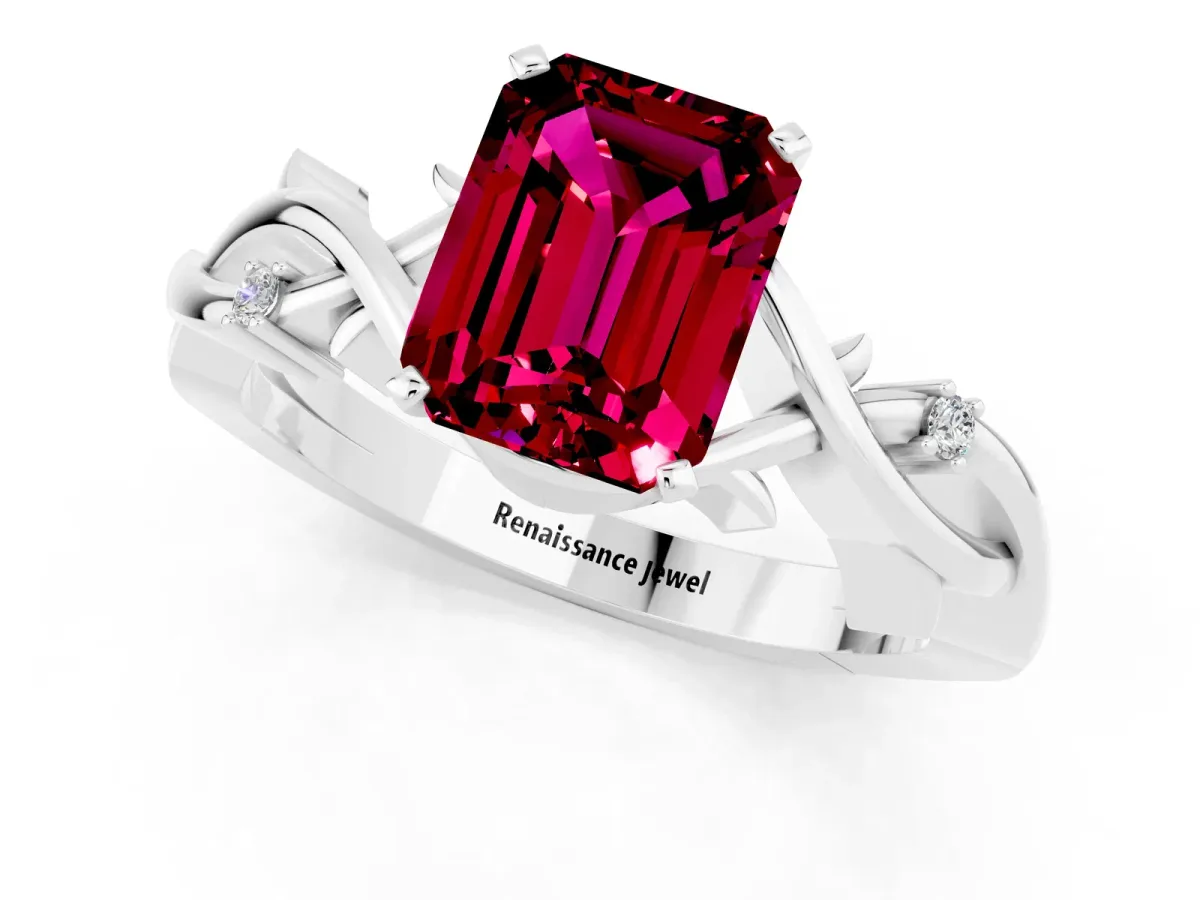 Emerald Cut Garnet Solitaire Ring with Twisted Band and Prong Setting Platinum