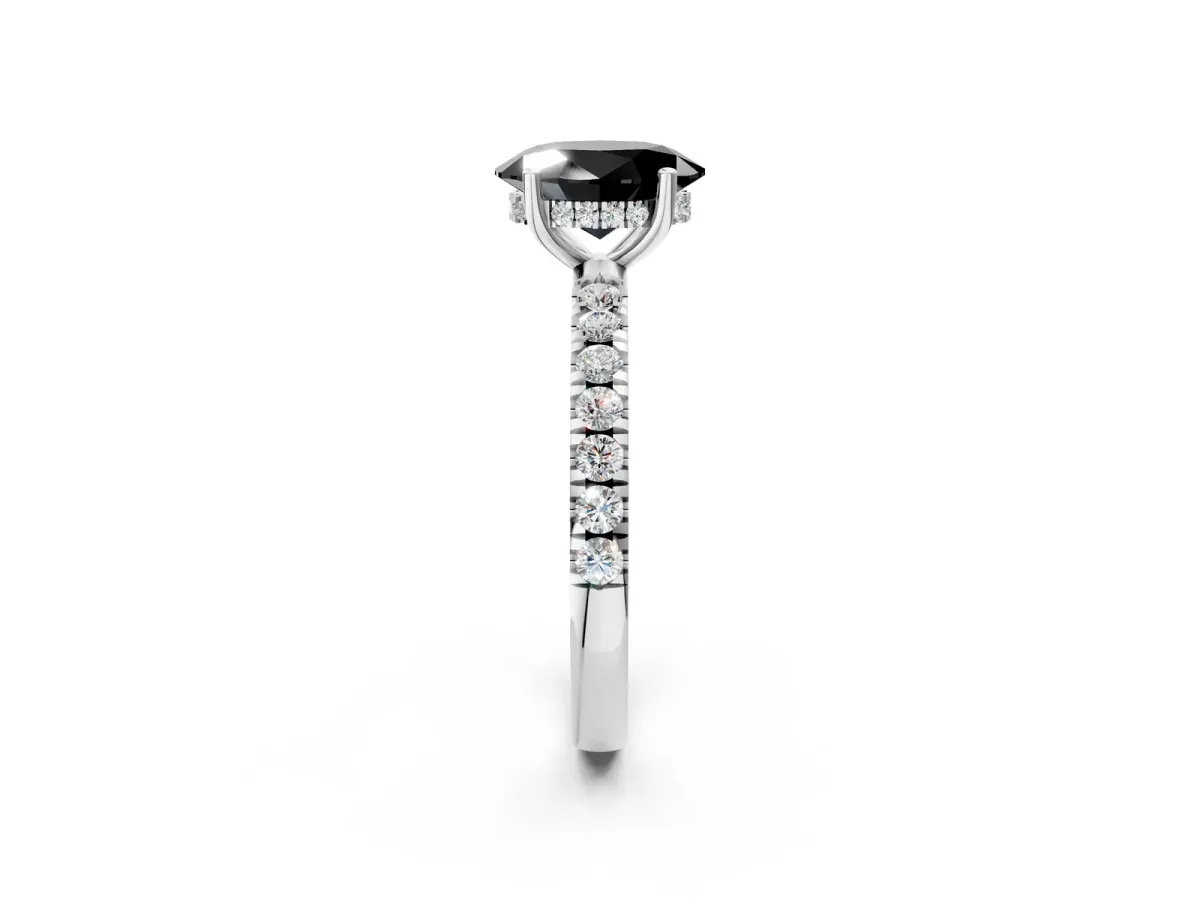 Fancy Black Oval Cut Diamond Pave Band Solitaire Ring with Round and Prong Setting Platinum