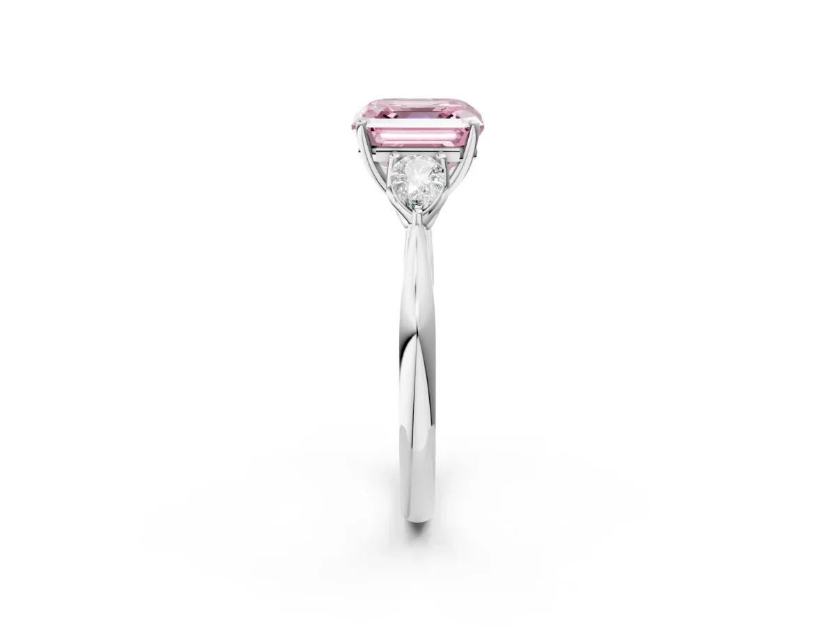 Fancy Pink Three-Stone Asscher Cut Diamond Ring with Pear Side Stones in Four-Prong Setting Platinum