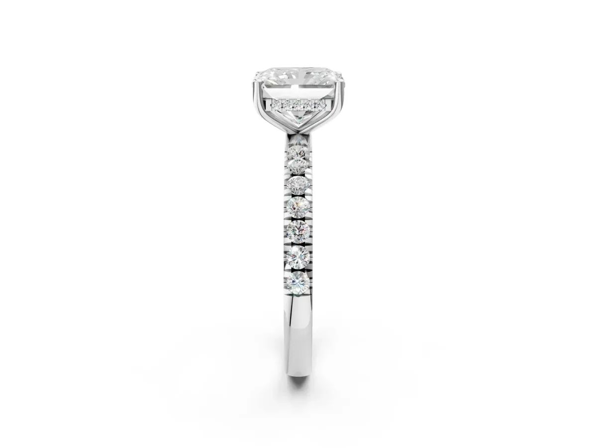 Radiant Cut Diamond Pave Band Solitaire Ring with Round and Prong Setting Platinum